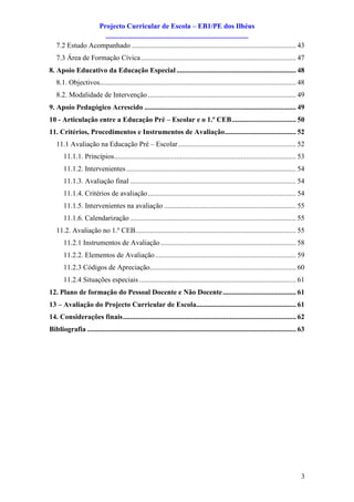 Projecto Curricular de Escola – EB1/PE dos Ilhéus
                            ________________________________________
   7.2 Estudo Acompanhado ............................................................................................ 43
   7.3 Área de Formação Cívica ....................................................................................... 47
8. Apoio Educativo da Educação Especial ................................................................... 48
   8.1. Objectivos.............................................................................................................. 48
   8.2. Modalidade de Intervenção ................................................................................... 49
9. Apoio Pedagógico Acrescido ..................................................................................... 49
10 - Articulação entre a Educação Pré – Escolar e o 1.º CEB .................................... 50
11. Critérios, Procedimentos e Instrumentos de Avaliação........................................ 52
   11.1 Avaliação na Educação Pré – Escolar .................................................................. 52
       11.1.1. Princípios ...................................................................................................... 53
       11.1.2. Intervenientes ............................................................................................... 54
       11.1.3. Avaliação final ............................................................................................. 54
       11.1.4. Critérios de avaliação ................................................................................... 54
       11.1.5. Intervenientes na avaliação .......................................................................... 55
       11.1.6. Calendarização ............................................................................................. 55
   11.2. Avaliação no 1.º CEB .......................................................................................... 55
       11.2.1 Instrumentos de Avaliação ............................................................................ 58
       11.2.2. Elementos de Avaliação ............................................................................... 59
       11.2.3 Códigos de Apreciação.................................................................................. 60
       11.2.4 Situações especiais ........................................................................................ 61
12. Plano de formação do Pessoal Docente e Não Docente ......................................... 61
13 – Avaliação do Projecto Curricular de Escola........................................................ 61
14. Considerações finais ................................................................................................. 62
Bibliografia ..................................................................................................................... 63




                                                                                                                                   3
 