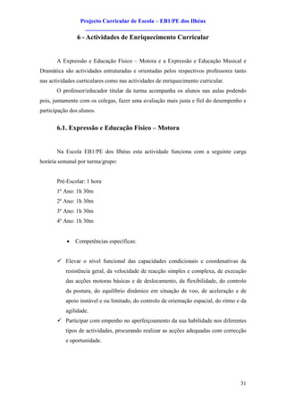 Projecto Curricular de Escola – EB1/PE dos Ilhéus
                   ________________________________________
                6 - Actividades de Enriquecimento Curricular


       A Expressão e Educação Físico – Motora e a Expressão e Educação Musical e
Dramática são actividades estruturadas e orientadas pelos respectivos professores tanto
nas actividades curriculares como nas actividades de enriquecimento curricular.
       O professor/educador titular da turma acompanha os alunos nas aulas podendo
pois, juntamente com os colegas, fazer uma avaliação mais justa e fiel do desempenho e
participação dos alunos.


       6.1. Expressão e Educação Físico – Motora


       Na Escola EB1/PE dos Ilhéus esta actividade funciona com a seguinte carga
horária semanal por turma/grupo:


       Pré-Escolar: 1 hora
       1º Ano: 1h 30m
       2º Ano: 1h 30m
       3º Ano: 1h 30m
       4º Ano: 1h 30m


           ·   Competências específicas:


       ü Elevar o nível funcional das capacidades condicionais e coordenativas da
           resistência geral, da velocidade de reacção simples e complexa, de execução
           das acções motoras básicas e de deslocamento, da flexibilidade, do controlo
           da postura, do equilíbrio dinâmico em situação de voo, de aceleração e de
           apoio instável e ou limitado, do controlo de orientação espacial, do ritmo e da
           agilidade.
       ü Participar com empenho no aperfeiçoamento da sua habilidade nos diferentes
           tipos de actividades, procurando realizar as acções adequadas com correcção
           e oportunidade.




                                                                                       31
 