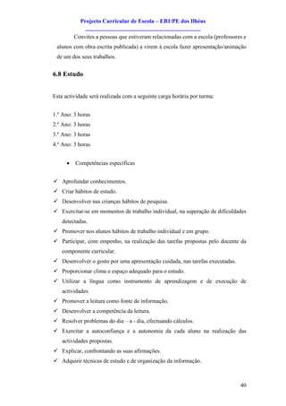 Projecto Curricular de Escola – EB1/PE dos Ilhéus
              ________________________________________
          Convites a pessoas que estiveram relacionadas com a escola (professores e
 alunos com obra escrita publicada) a virem à escola fazer apresentação/animação
 de um dos seus trabalhos.


6.8 Estudo


Esta actividade será realizada com a seguinte carga horária por turma:


1.º Ano: 3 horas
2.º Ano: 3 horas
3.º Ano: 3 horas
4.º Ano: 3 horas


      ·   Competências específicas


ü Aprofundar conhecimentos.
ü Criar hábitos de estudo.
ü Desenvolver nas crianças hábitos de pesquisa.
ü Exercitar-se em momentos de trabalho individual, na superação de dificuldades
    detectadas.
ü Promover nos alunos hábitos de trabalho individual e em grupo.
ü Participar, com empenho, na realização das tarefas propostas pelo docente da
    componente curricular.
ü Desenvolver o gosto por uma apresentação cuidada, nas tarefas executadas.
ü Proporcionar clima e espaço adequado para o estudo.
ü Utilizar a língua como instrumento de aprendizagem e de execução de
    actividades.
ü Promover a leitura como fonte de informação.
ü Desenvolver a competência da leitura.
ü Resolver problemas do dia – a - dia, efectuando cálculos.
ü Exercitar a autoconfiança e a autonomia da cada aluno na realização das
    actividades propostas.
ü Explicar, confrontando as suas afirmações.
ü Adquirir técnicas de estudo e de organização da informação.



                                                                                40
 