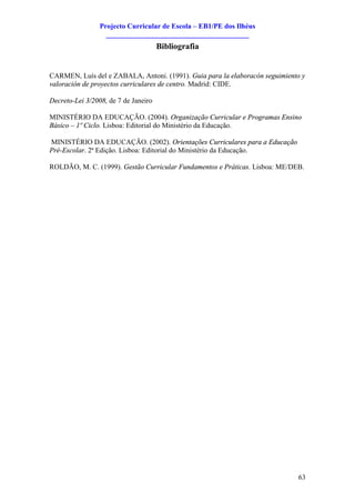 Projecto Curricular de Escola – EB1/PE dos Ilhéus
                   ________________________________________
                                      Bibliografia


CARMEN, Luís del e ZABALA, Antoni. (1991). Guia para la elaboracón seguimiento y
valoración de proyectos curriculares de centro. Madrid: CIDE.

Decreto-Lei 3/2008, de 7 de Janeiro

MINISTÉRIO DA EDUCAÇÃO. (2004). Organização Curricular e Programas Ensino
Básico – 1º Ciclo. Lisboa: Editorial do Ministério da Educação.

MINISTÉRIO DA EDUCAÇÃO. (2002). Orientações Curriculares para a Educação
Pré-Escolar. 2ª Edição. Lisboa: Editorial do Ministério da Educação.

ROLDÃO, M. C. (1999). Gestão Curricular Fundamentos e Práticas. Lisboa: ME/DEB.




                                                                             63
 