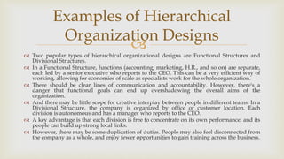 
 Two popular types of hierarchical organizational designs are Functional Structures and
Divisional Structures.
 In a Functional Structure, functions (accounting, marketing, H.R., and so on) are separate,
each led by a senior executive who reports to the CEO. This can be a very efficient way of
working, allowing for economies of scale as specialists work for the whole organization.
 There should be clear lines of communication and accountability. However, there's a
danger that functional goals can end up overshadowing the overall aims of the
organization.
 And there may be little scope for creative interplay between people in different teams. In a
Divisional Structure, the company is organized by office or customer location. Each
division is autonomous and has a manager who reports to the CEO.
 A key advantage is that each division is free to concentrate on its own performance, and its
people can build up strong local links.
 However, there may be some duplication of duties. People may also feel disconnected from
the company as a whole, and enjoy fewer opportunities to gain training across the business.
Examples of Hierarchical
Organization Designs
 