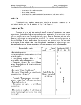Projecto “Semanas Temáticas”                                   Curso de Animadores Locais
Associação de Defesa do Património de Mértola                 Câmara Municipal de Mértola

                 - plano de actividades coerente;
                 - veracidade estatual;
                 - plano de actividades conjunto (criando uma rede associativa).

4- DATA

      Constituindo esta semana apenas uma introdução ao tema, a mesma terá a
duração de 4 dias, aos fins de semana, de 2 a 23 de Outubro.

5- DESCRIÇÃO

       Evidente se torna que não seriam 1 nem 2 meses suficientes para que todos
estes temas fossem interiorizados completamente, quer pelos dirigentes, quer pelos
sócios. Justificava-se uma formação intensiva, com duração ilimitada, até que tudo
ficasse explícito da forma mais eficaz possível. No entanto, todos nós sabemos a
impossibilidade de uma acção deste tipo perdurar por muito tempo. Daí que nos
resta tentar alertar apenas para a sua importância e despertar o interesse para este
tipo de iniciativas. As formações a desenvolver resumem-se no seguinte quadro:

              Temas da Formação                             Datas     Outubro de 1999
                                                Local                 02 09 16 23
- Introdução ao tema                                                  X
- Apresentação do grupo e das respectivas
colectividades;                                                         X
- Actividades desenvolvidas e / ou
pretendidas pelas colectividades;                                       X
- Formação: “O papel das colectividades
como dinamizadoras de desenvolvimento                                   X
no Concelho”.
                                                                            X
- Formação “O que é o dirigismo”;
- Formação “Capacidades de um dirigente, Salão Nobre da                     X
associativismo e desporto”;               Câmara Municipal
                                             de Mértola
- Formação “Documentação necessária –                                            X
como e porquê fazer” , algumas amostras ;                                        X
- Legislação aplicável                                                           X
- Programas de apoio a actividades
associativas

- Elaboração de um plano de actividades e                           X
outra documentação especifica para cada
associação;

                                                                                            50
 