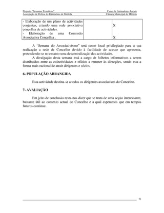 Projecto “Semanas Temáticas”                                  Curso de Animadores Locais
Associação de Defesa do Património de Mértola                Câmara Municipal de Mértola

- Elaboração de um plano de actividades
conjuntas, criando uma rede associativa                            X
concelhia de actividades.
- Elaboração de uma Comissão
Associativa Concelhia .                                            X

       A “Semana do Associativismo” terá como local privilegiado para a sua
realização a sede de Concelho devido à facilidade de acesso que apresenta,
pretendendo-se no entanto uma descentralização das actividades.
       A divulgação desta semana está a cargo de folhetos informativos a serem
distribuídos entre as colectividades e ofícios a remeter às direcções, sendo esta a
forma mais racional de atrair dirigentes e sócios.

6- POPULAÇÃO ABRANGIDA

        Esta actividade destina-se a todos os dirigentes associativos do Concelho.

7- AVALIAÇÃO

       Em jeito de conclusão resta-nos dizer que se trata de uma acção interessante,
bastante útil ao contexto actual do Concelho e a qual esperamos que em tempos
futuros continue.




                                                                                           51
 