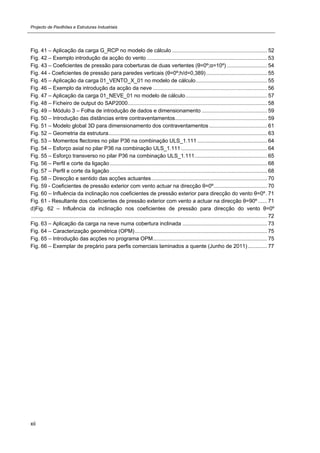 Projecto de Pavilhões e Estruturas Industriais
xii
Fig. 41 – Aplicação da carga G_RCP no modelo de cálculo ................................................................ 52
Fig. 42 – Exemplo introdução da acção do vento ................................................................................. 53
Fig. 43 – Coeficientes de pressão para coberturas de duas vertentes (θ=0º;α=10º) ........................... 54
Fig. 44 - Coeficientes de pressão para paredes verticais (θ=0º;h/d=0,389)......................................... 55
Fig. 45 – Aplicação da carga 01_VENTO_X_01 no modelo de cálculo................................................ 55
Fig. 46 – Exemplo da introdução da acção da neve ............................................................................. 56
Fig. 47 – Aplicação da carga 01_NEVE_01 no modelo de cálculo....................................................... 57
Fig. 48 – Ficheiro de output do SAP2000.............................................................................................. 58
Fig. 49 – Módulo 3 – Folha de introdução de dados e dimensionamento ............................................ 59
Fig. 50 – Introdução das distâncias entre contraventamentos.............................................................. 59
Fig. 51 – Modelo global 3D para dimensionamento dos contraventamentos ....................................... 61
Fig. 52 – Geometria da estrutura........................................................................................................... 63
Fig. 53 – Momentos flectores no pilar P36 na combinação ULS_1.111 ............................................... 64
Fig. 54 – Esforço axial no pilar P36 na combinação ULS_1.111.......................................................... 64
Fig. 55 – Esforço transverso no pilar P36 na combinação ULS_1.111................................................. 65
Fig. 56 – Perfil e corte da ligação.......................................................................................................... 68
Fig. 57 – Perfil e corte da ligação.......................................................................................................... 68
Fig. 58 – Direcção e sentido das acções actuantes.............................................................................. 70
Fig. 59 - Coeficientes de pressão exterior com vento actuar na direcção θ=0º.................................... 70
Fig. 60 – Influência da inclinação nos coeficientes de pressão exterior para direcção do vento θ=0º. 71
Fig. 61 - Resultante dos coeficientes de pressão exterior com vento a actuar na direcção θ=90º ...... 71
d)Fig. 62 – Influência da inclinação nos coeficientes de pressão para direcção do vento θ=0º
............................................................................................................................................................... 72
Fig. 63 – Aplicação da carga na neve numa cobertura inclinada ......................................................... 73
Fig. 64 – Caracterização geométrica (OPM)......................................................................................... 75
Fig. 65 – Introdução das acções no programa OPM............................................................................. 75
Fig. 66 – Exemplar de preçário para perfis comerciais laminados a quente (Junho de 2011)............. 77
 