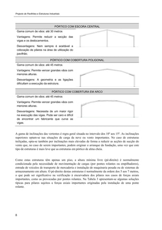 Projecto de Pavilhões e Estruturas Industriais
8
PÓRTICO COM ESCORA CENTRAL
Gama comum de vãos: até 30 metros
Vantagens: Permite reduzir a secção das
vigas e os deslocamentos.
Desvantagens: Nem sempre é aceitável a
colocação de pilares na área de utilização do
pavilhão.
PÓRTICO COM COBERTURA POLIGONAL
Gama comum de vãos: até 45 metros
Vantagens: Permite vencer grandes vãos com
menores alturas.
Desvantagens: A geometria e as ligações
dificultam a execução da estrutura.
PÓRTICO COM COBERTURA EM ARCO
Gama comum de vãos: até 45 metros
Vantagens: Permite vencer grandes vãos com
menores alturas.
Desvantagens: Necessita de um maior rigor
na execução das vigas. Pode ser caro e difícil
de encontrar um fabricante que curve as
vigas.
A gama de inclinações das vertentes é regra geral situada no intervalo dos 10º aos 15º. As inclinações
superiores optam-se nas situações de carga da neve ou vento importantes. No caso de estruturas
treliçadas, opta-se também por inclinações mais elevadas de forma a reduzir as acções de sucção do
vento que, no caso de serem importantes, podem originar o arranque da fundação, uma vez que este
tipo de estruturas é mais leve que as estruturas em pórtico de alma cheia.
Como estas estruturas têm apenas um piso, a altura mínima livre (pé-direito) é normalmente
condicionada pela necessidade de movimentação de cargas (por pontes rolantes ou empilhadores),
entrada de veículos de transporte de mercadoria e instalação de maquinaria pesada ou de sistemas de
armazenamento em altura. O pé-direito destas estruturas é normalmente da ordem dos 5 aos 7 metros,
o que pode ser significativo na verificação à encurvadura dos pilares nos casos de forças axiais
importantes, como as provocadas por pontes rolantes. Na Tabela 3 apresentam-se algumas soluções
típicas para pilares sujeitos a forças axiais importantes originadas pela instalação de uma ponte
rolante.
 