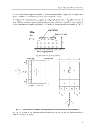 Projecto de Pavilhões e Estruturas Industriais
25
O valor do coeficiente de pressão interior, cpi foi considerado de forma simplificada de acordo com o
Ponto 7.2.9 (Nota 2) admitindo o valor mais gravoso entre +0,2 e -0,3.
O coeficiente de pressão exterior, cpe depende da configuração da cobertura. A Fig. 21 ilustra o caso de
uma cobertura com duas vertentes, cujos coeficientes cpe,10 (aplicáveis a superfícies com mais de 10
m2
) se encontram apresentados nos Quadros 5 e 6, tendo por base as partições apresentadas na Fig. 22.
Fig. 21 – Cobertura de duas vertentes
Fig. 22 – Coberturas de duas vertentes: partições para definição de coeficientes de pressão exterior Cpe
Na Fig. 22, o valor de e é o mínimo entre as dimensões b ou 2h, em que b é maior dimensão do
edifício e h a altura do edifício.
 