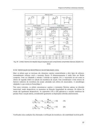 Projecto de Pavilhões e Estruturas Industriais
37
Fig. 29 - Limites máximos de relações largura-espessura para componentes comprimidos (banzos) (Quadro 5.2,
EC3)
4.3.2. VERIFICAÇÃO DA RESISTÊNCIA E DA ESTABILIDADE LOCAL
Quer os pilares quer as travessas são elementos sujeitos essencialmente a dois tipos de esforços,
nomeadamente esforços axial e momento flector. O dimensionamento é então feito em flexão
composta. Uma vez adoptado o método 2 referido no capítulo 3.6.1, é necessário ter em conta os
efeitos de segunda ordem no cálculo da resistência da secção. Esta consideração é feita através de
factores redutores da resistência da secção calculada sem efeitos de encurvadura. A metodologia
adoptada é a que consta no Eurocódigo 3.
Nos casos correntes, os pilares encontram-se sujeitos a momentos flectores apenas na direcção
transversal, sendo desprezáveis os momentos na direcção longitudinal da estrutura. Os efeitos de
torção são igualmente desprezáveis. As expressões (19) e (20) aplicam-se a secções simétricas de
paredes finas e secção aberta, considerando igualmente as disposições referidas anteriormente.
,
1 , 1
. 1,0;
. / . /
y EdEd
yy
y Rk M LT y Rk M
MN
k
N M   
  (19)
,
1 , 1
. 1,0.
. / . /
y EdEd
zy
z Rk M LT y Rk M
MN
k
N M   
  (20)
Verificadas estas condições fica efectuada a verificação da resistência e da estabilidade local do perfil.
 