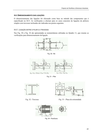 Projecto de Pavilhões e Estruturas Industriais
41
4.4. DIMENSIONAMENTO DAS LIGAÇÕES
O dimensionamento das ligações foi efectuado como base no método das componentes que é
especificado no EC3. As verificações a efectuar para os casos concretos de ligações de pórticos
simples com travessas inclinadas são indicadas nos pontos seguintes.
4.4.1. LIGAÇÃO ENTRE O PILAR E A TRAVESSA
Nas Fig. 30 a Fig. 34 são apresentadas as nomenclaturas utilizadas no Quadro 11, que resume as
verificações para dimensionamento da ligação.
Fig. 30 - Nó
Fig. 31 – Pilar
Fig. 32 - Travessa Fig. 33 – Placa de extremidade
Fig. 34 - Parafusos
 