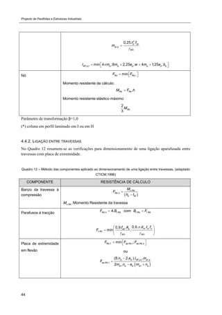 Projecto de Pavilhões e Estruturas Industriais
44
2
.
0
0,25. .p yp
pl p
M
t f
m


. , min 4 ;8 2,25 ; 4 1,25 ;eff p t p p p p p pl m m e w m e b     
Nó ,minRd Rd iF F   
Momento resistente de cálculo:
.Rd RdM F h
Momento resistente elástico máximo:
2
3
RdM
Parâmetro de transformação β=1,0
(*) coluna em perfil laminado em I ou em H
4.4.2. LIGAÇÃO ENTRE TRAVESSAS
No Quadro 12 resumem-se as verificações para dimensionamento de uma ligação aparafusada entre
travessas com placa de extremidade.
Quadro 12 – Método das componentes aplicado ao dimensionamento de uma ligação entre travessas, (adaptado
CTICM,1996)
COMPONENTE RESISTÊNCIA DE CÁLCULO
Banzo da travessa à
compressão  
.
,3
c Rd
Rd
b fb
M
F
h t


.c RdM :Momento Resistente da travessa
Parafusos à tracção ,4 . . .4.Rd t Rd t Rd t RdF B com B F 
.
2 2
0,6. . . .0,9. .
min ;
m p uub s
t Rd
M M
d t ff A
F

 
 
  
 
Placa de extremidade
em flexão
,7 . ,1 . ,2min ;Rd ep Rd ep RdF F F   
ou
 
. , .
. ,1
1 1
(8. 2. ). .
2 .
p w eff p t pl p
ep Rd
p p w p p
n e l m
F
m n e m n


 
 