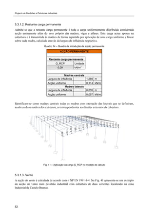 Projecto de Pavilhões e Estruturas Industriais
52
5.3.1.2. Restante carga permanente
Admite-se que a restante carga permanente é toda a carga uniformemente distribuída considerada
acção permanente além do peso próprio das madres, vigas e pilares. Esta carga actua apenas na
cobertura e é transmitida às madres de forma repartida por aplicação de uma carga uniforme e linear
sobre cada madre, calculada através da largura de influência respectiva.
Quadro 14 – Quadro de introdução da acção permanente
ACÇÃO PERMANENTE
Restante carga permanente
G_RCP Unidade
0,09 kN/m2
Madres centrais
Largura de influência 1,269 m
Acção uniforme 0,114 kN/m
Madres laterais
Largura de influência 0,635 m
Acção uniforme 0,057 kN/m
Identificam-se como madres centrais todas as madres com excepção das laterais que se definiram,
sendo as duas madres dos extremos, as correspondentes aos limites extremos da cobertura.
Fig. 41 – Aplicação da carga G_RCP no modelo de cálculo
5.3.1.3. Vento
A acção do vento é calculada de acordo com o NP EN 1991-1-4. Na Fig. 41 apresenta-se um exemplo
da acção do vento num pavilhão industrial com cobertura de duas vertentes localizado na zona
industrial de Castelo Branco.
 