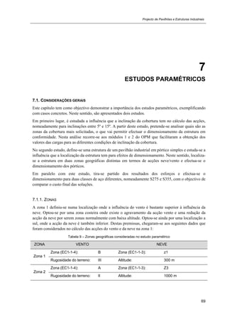 Projecto de Pavilhões e Estruturas Industriais
69
7
ESTUDOS PARAMÉTRICOS
7.1. CONSIDERAÇÕES GERAIS
Este capítulo tem como objectivo demonstrar a importância dos estudos paramétricos, exemplificando
com casos concretos. Neste sentido, são apresentados dois estudos.
Em primeiro lugar, é estudada a influência que a inclinação da cobertura tem no cálculo das acções,
nomeadamente para inclinações entre 5º e 15º. A partir deste estudo, pretende-se analisar quais são as
zonas da cobertura mais solicitadas, o que vai permitir efectuar o dimensionamento da estrutura em
conformidade. Nesta análise recorre-se aos módulos 1 e 2 do OPM que facilitaram a obtenção dos
valores das cargas para as diferentes condições de inclinação da cobertura.
No segundo estudo, define-se uma estrutura de um pavilhão industrial em pórtico simples e estuda-se a
influência que a localização da estrutura tem para efeitos de dimensionamento. Neste sentido, localiza-
se a estrutura em duas zonas geográficas distintas em termos de acções neve/vento e efectua-se o
dimensionamento dos pórticos.
Em paralelo com este estudo, tira-se partido dos resultados dos esforços e efectua-se o
dimensionamento para duas classes de aço diferentes, nomeadamente S275 e S355, com o objectivo de
comparar o custo final das soluções.
7.1.1. ZONAS
A zona 1 definiu-se numa localização onde a influência do vento é bastante superior à influência da
neve. Optou-se por uma zona costeira onde existe o agravamento da acção vento e uma redução da
acção da neve por serem zonas normalmente com baixa altitude. Optou-se ainda por uma localização a
sul, onde a acção da neve é também inferior. Destas premissas, chegaram-se aos seguintes dados que
foram considerados no cálculo das acções do vento e da neve na zona 1:
Tabela 9 – Zonas geográficas consideradas no estudo paramétrico
ZONA VENTO NEVE
Zona 1
Zona (EC1-1-4): B Zona (EC1-1-3): z1
Rugosidade do terreno: III Altitude: 300 m
Zona 2
Zona (EC1-1-4): A Zona (EC1-1-3): Z3
Rugosidade do terreno: II Altitude: 1000 m
 