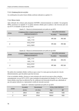 Projecto de Pavilhões e Estruturas Industriais
76
7.3.3. COMBINAÇÕES DE ACÇÕES
As combinações de acções foram obtidas conforme indicado no capítulo 3.5.
7.3.4. RESULTADOS
Após obtenção dos esforços pelo programa SAP2000 e dimensionamento no módulo 3 do programa
OPM, resumem-se no Quadro 21 os perfis máximos obtidos para os pilares e das travessas para um
aço S275 e no Quadro 22 para um aço S355.
Quadro 21 – Resumo do dimensionamento com perfis em aço S275
ZONA
COMBINAÇÕES CONDICIONANTES NO
DIMENSIONAMENTO
SECÇÕES MÁXIMAS
PILARES TRAVESSAS
1
ULS_1.111
ULS_1.112
IPE 330 IPE 300
2
ULS_2.0121
ULS_2.0221
IPE 400 IPE 360
Quadro 22 – Resumo do dimensionamento com perfis em aço S355
ZONA
COMBINAÇÕES CONDICIONANTES NO
DIMENSIONAMENTO
SECÇÕES MÁXIMAS
PILARES TRAVESSAS
1
ULS_1.111
ULS_1.112
IPE 300 IPE 270
2
ULS_2.0121
ULS_2.0221
IPE 360 IPE 330
Da análise dos resultados obtidos verifica-se que a zona 2 é a mais gravosa do ponto de vista do
dimensionamento, quer dos pilares quer das travessas.
Com os resultados obtidos, efectuou-se uma estimativa do custo do aço para as duas soluções,
nomeadamente, em aço S275 e S355, cujos resultados de apresentam nos Quadros 23 ao 25. Os preços
foram obtidos como base na tabela da Fig. 66, cedida por um fornecedor de perfis aço, admitindo-se
que são apenas indicativos e representam a média do mercado nacional.
Quadro 23 – Estimativa orçamental com perfis em aço S275
ZONA
PILARES
(6,0m)
TRAVESSAS
(10,15m)
TOTAL POR PÓRTICO
[kg] [€]*
1 294,6 428,3 1445,8 1328
2 397,8 579,6 1954,8 1832
 