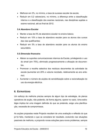 • Melhorar em 2%, no mínimo, a taxa de sucesso escolar da escola;
   • Reduzir em 0,2 valores/ano, no mínimo, a diferença entre a classificação
       interna e a classificação dos exames nacionais, nas disciplinas sujeitas a
       exame nacional, até ao final de 2012.

   5.4. Abandono Escolar

   • Manter a taxa de 0% de abandono escolar no ensino básico;
   • Reduzir em 10% a taxa de abandono escolar para os alunos dos cursos
       das vias qualificantes;
   • Reduzir em 5% a taxa de abandono escolar para os alunos do ensino
       secundário.

   5.5. Dimensão financeira

   • Alterar os suportes comunicacionais internos da Escola, privilegiando o uso
       do email (em 70%), eliminado progressivamente a afixação de documen-
       tos.
   •   Promover a recolha selectiva dos resíduos decorrentes da actividade da
       escola (aumentar em 20% o volume reciclado, relativamente ao ano ante-
       rior)
   •   Aumentar o número de acções de sensibilização sobre a racionalização do
       uso da energia eléctrica.



6. ESTRATÉGIAS

Um esforço de melhoria precisa sempre de algum tipo de estratégia, de planos
operativos de acção, não podendo, de forma alguma, operar no vazio. Uma estra-
tégia implica ter uma imagem definida do que se pretende, exige uma planifica-
ção, necessita de compromissos.


As acções propostas neste Projecto resultam de uma avaliação e reflexão do que
já foi feito, mantendo o que se considera ter resultado, evoluindo nas situações
passíveis de melhoria, e propondo novas soluções para novos problemas, sempre



Projecto Educativo de Escola – 2009/2012                                      16
 