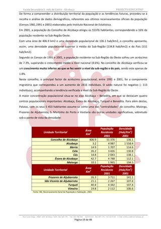 Escola Secundária D. Inês de Castro - Alcobaça                                                                    PROJECTO EDUCATIVO
De forma a compreender a distribuição territorial da população e as tendências futuras, procedeu-se à
recolha e análise de dados demográficos, referentes aos últimos recenseamentos oficiais da população
(Censos 1981,1991 e 2001) elaborados pelo Instituto Nacional de Estatística.
Em 2001, a população do Concelho de Alcobaça atingiu os 55376 habitantes, correspondendo a 16% da
população residente na Sub-Região Oeste.
Com uma área de 406.9 km2 e uma densidade populacional de 136.1 hab/km2, o concelho apresenta,
assim, uma densidade populacional superior à média da Sub-Região (134.8 hab/km2) e do País (111
hab/km2).
Segundo os Censos de 1991 e 2001, a população residente na Sub-Região do Oeste sofreu um acréscimo
de 7.3%, superando o crescimento médio a nível nacional (4.6%). No concelho de Alcobaça verificou-se
um crescimento muito inferior ao que se fez sentir a nível da sub-região e do país, sendo este apenas de
1.8%.
Neste concelho, o principal factor de acréscimo populacional, entre 1991 e 2001, foi a componente
migratória que correspondeu a um aumento de 2416 indivíduos. O saldo natural foi negativo (- 113
indivíduos), acompanhando a tendência verificada a nível da Sub-Região do Oeste.
A maior concentração populacional situa-se no eixo Alcobaça – Benedita, em que se destacam quatro
centros populacionais importantes: Alcobaça, Évora de Alcobaça, Turquel e Benedita. Para além destas,
Pataias, com os seus 5 453 habitantes assume-se como uma das “centralidades” do concelho. Maiorga,
Prazeres de Aljubarrota, S. Martinho do Porto e Vestiaria são outras unidades significativas, sobretudo
sob o ponto de vista da densidade:


                                                                                                  População             Densidade
                                                                               Área
                            Unidade Territorial                                                   Residente             (Hab/Km2)
                                                                               Km2
                                                                                                    2001                  2001
                                    Concelho de Alcobaça                            406.9             55 376                  136.1
                                                Alcobaça                              3.2              4 987                1 558.4
                                                   Bárrio                            14.9              1 707                  114.6
                                                    Cela                             26.2              3 426                  130.8
                                                     Cós                             14.8              2 043                  138.1
                                       Évora de Alcobaça                             42.7              4 788                  112.1
                                                Maiorga                              10.1              1 965                  194.5
                                                                                                  População             Densidade
                                                                               Área
                            Unidade Territorial                                                   Residente             (Hab/Km2)
                                                                               Km2
                                                                                                    2001                  2001
                                Prazeres de Aljubarrota                               26.3             3 711                  141.1
                             São Vicente de Aljubarrota                               21.1             2 267                  107.4
                                                Turquel                               40.4             4 342                  107.4
                                                Vimeiro                               19.8             2 112                  106.6
               Fonte: INE, Recenseamento Geral da População e Habitação , 2001




   Rua Costa Veiga - 2460– 028 Alcobaça Telef. 262 505 170 - Fax 262 596 460   Telemóveis : 962 097 175 – 913 6174 44 E-mail: esdica.ce@mail.telepac.pt
                                                                 Página 19 de 48
 