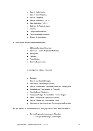 •   Sala de Audiovisuais;
                   •   Sala de Desenho (três);
                   •   Sala de Geografia;
                   •   Sala de Informática ( TIC 1);
                   •   Sala Multimédia ( TIC 3 );
                   •   Gabinete de Apoio ao Aluno;
                   •   Ginásio;
                   •   Campo exterior relvado;
                   •   Campos de jogos exteriores;
                   •   Ginásio de Musculação;


A Escola dispõe ainda dos seguintes recursos:


                   •   Biblioteca/Centro de Recursos;
                   •   Sala CEM – Centro de Estudos Multiusos;
                   •   Reprografia;
                   •   Cafetaria;
                   •   Posto Médico
                   •   Cozinha Experimental;




                   e dos seguintes espaços e serviços:




                   •   Direcção;
                   •   Sala de reuniões da Direcção;
                   •   Serviços de Administração Escolar;
                   •   Sala de Professores e Gabinetes dos Grupos Pedagógicos.
                   •   Associação de Encarregados de Educação;
                   •   Associação de Estudantes;
                   •   Núcleo dos Antigos Alunos da Esc. Ferreira Borges;
                   •   SASE – Serviços de Acção Social Escolar;
                   •   Sala de trabalho dos Directores de Turma;
                   •   Gabinetes de Atendimento aos Encarregados de Educação.


No que respeita às estruturas de apoio pedagógico e educativo, a Escola oferece:


                   •   Serviços Especializados de Apoio Educativo
                           o   Serviços de Psicologia e Orientação;



     Aprovado em Conselho Geral em 9/12/2010                                       15
 