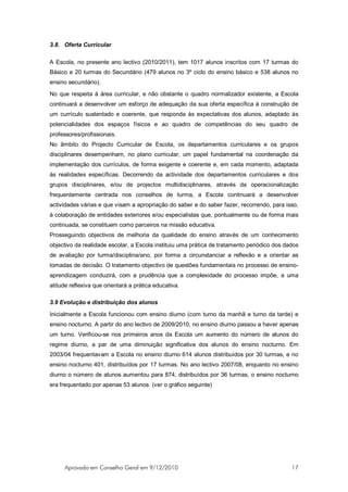 3.8. Oferta Curricular

A Escola, no presente ano lectivo (2010/2011), tem 1017 alunos inscritos com 17 turmas do
Básico e 20 turmas do Secundário (479 alunos no 3º ciclo do ensino básico e 538 alunos no
ensino secundário).
No que respeita à área curricular, e não obstante o quadro normalizador existente, a Escola
continuará a desenvolver um esforço de adequação da sua oferta específica à construção de
um currículo sustentado e coerente, que responda às expectativas dos alunos, adaptado às
potencialidades dos espaços físicos e ao quadro de competências do seu quadro de
professores/profissionais.
No âmbito do Projecto Curricular de Escola, os departamentos curriculares e os grupos
disciplinares desempenham, no plano curricular, um papel fundamental na coordenação da
implementação dos currículos, de forma exigente e coerente e, em cada momento, adaptada
às realidades específicas. Decorrendo da actividade dos departamentos curriculares e dos
grupos disciplinares, e/ou de projectos multidisciplinares, através da operacionalização
frequentemente centrada nos conselhos de turma, a Escola continuará a desenvolver
actividades várias e que visam a apropriação do saber e do saber fazer, recorrendo, para isso,
à colaboração de entidades exteriores e/ou especialistas que, pontualmente ou de forma mais
continuada, se constituem como parceiros na missão educativa.
Prosseguindo objectivos de melhoria da qualidade do ensino através de um conhecimento
objectivo da realidade escolar, a Escola instituiu uma prática de tratamento periódico dos dados
de avaliação por turma/disciplina/ano, por forma a circunstanciar a reflexão e a orientar as
tomadas de decisão. O tratamento objectivo de questões fundamentais no processo de ensino-
aprendizagem conduzirá, com a prudência que a complexidade do processo impõe, a uma
atitude reflexiva que orientará a prática educativa.

3.9 Evolução e distribuição dos alunos

Inicialmente a Escola funcionou com ensino diurno (com turno da manhã e turno da tarde) e
ensino nocturno. A partir do ano lectivo de 2009/2010, no ensino diurno passou a haver apenas
um turno. Verificou-se nos primeiros anos da Escola um aumento do número de alunos do
regime diurno, a par de uma diminuição significativa dos alunos do ensino nocturno. Em
2003/04 frequentavam a Escola no ensino diurno 614 alunos distribuídos por 30 turmas, e no
ensino nocturno 401, distribuídos por 17 turmas. No ano lectivo 2007/08, enquanto no ensino
diurno o número de alunos aumentou para 874, distribuídos por 36 turmas, o ensino nocturno
era frequentado por apenas 53 alunos. (ver o gráfico seguinte)




      Aprovado em Conselho Geral em 9/12/2010                                                17
 