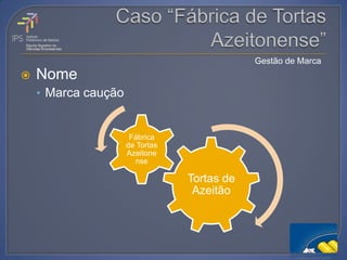 Gestão de Marca
   Nome
    • Marca caução


                      Fábrica
                     de Tortas
                     Azeitone
                       nse

                                 Tortas de
                                  Azeitão
 