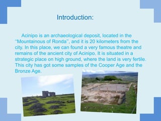 Introduction:      Acinipo is an archaeological deposit, located in the ‘‘Mountainous of Ronda’’, and it is 20 kilometers from the city. In this place, we can found a very famous theatre and remains of the ancient city of Acinipo. It is situated in a strategic place on high ground, where the land is very fertile. This city has got some samples of the Cooper Age and the Bronze Age.