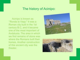 The history of Acinipo:Acinipo is known as ‘’Ronda la Vieja.'' It was a Roman city built in the 1st century B.C, and it became one of the most important of Andalusia. The area in which we find remains of stone was where the Romans built their homes. Another construction of this ancient city was the theater.