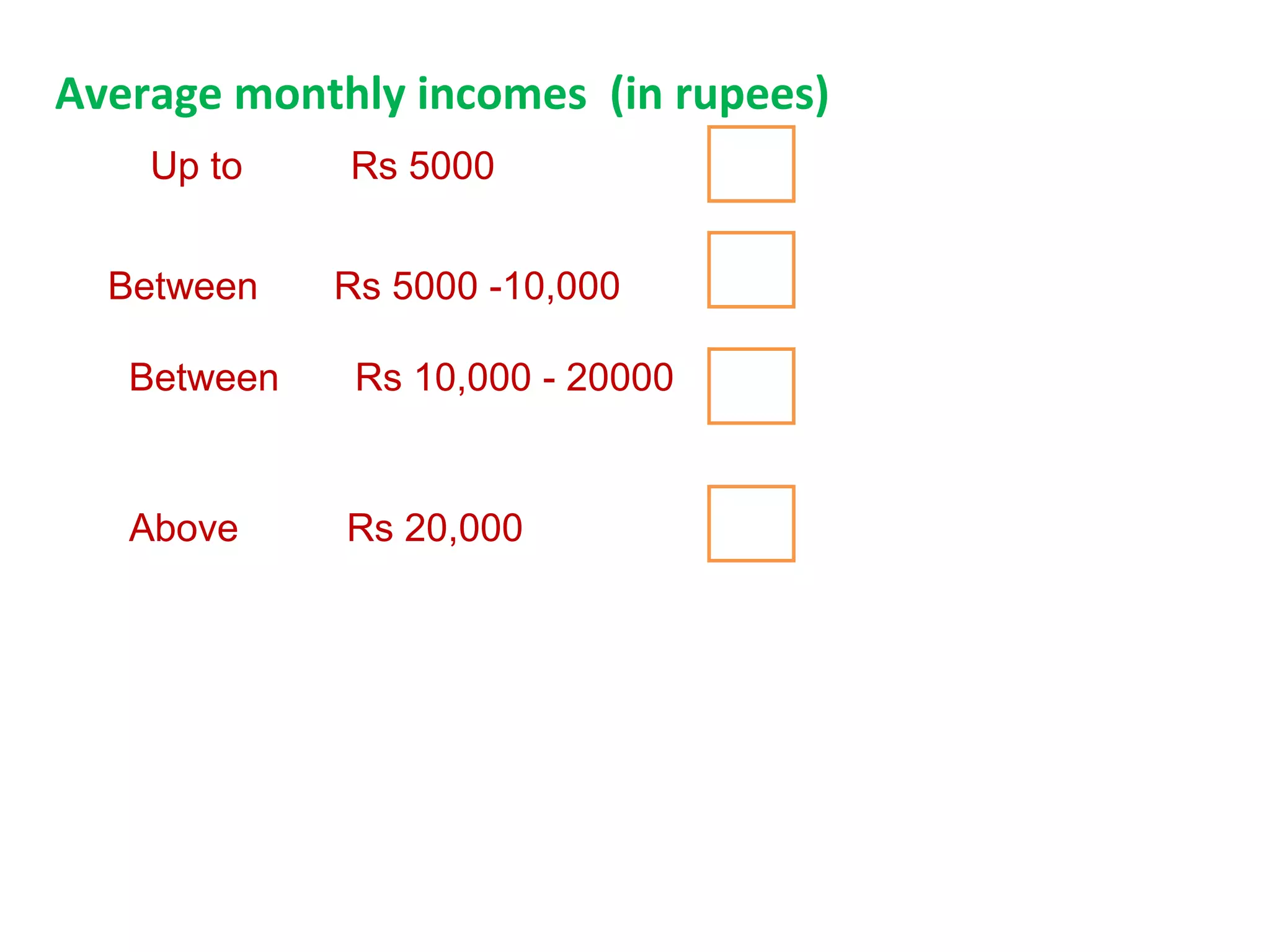 Between Rs 5000 -10,000
Up to Rs 5000
Between Rs 10,000 - 20000
Above Rs 20,000
Average monthly incomes (in rupees)
 