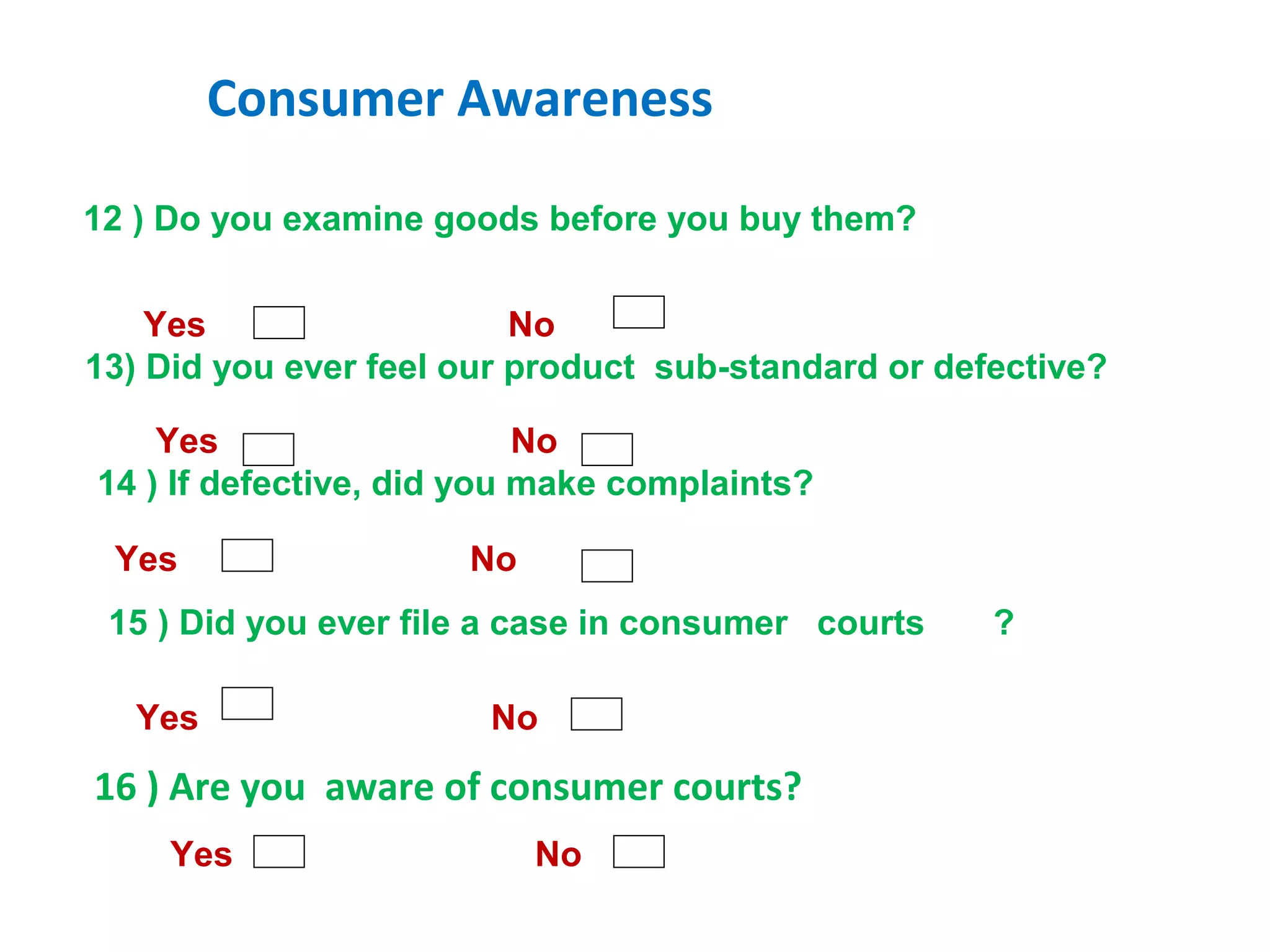 12 ) Do you examine goods before you buy them?
Yes No
13) Did you ever feel our product sub-standard or defective?
15 ) Did you ever file a case in consumer courts ?
Yes No
Yes No
Yes No
14 ) If defective, did you make complaints?
Yes No
16 ) Are you aware of consumer courts?
Consumer Awareness
 