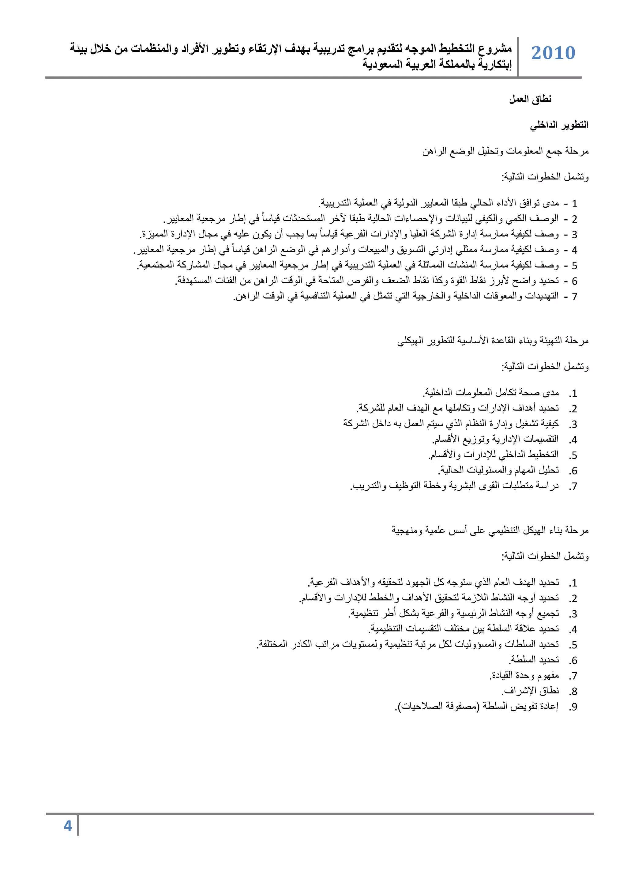 ‫مشروع التخطيط المىجه لتقذيم برامج تذريبية بهذف اإلرتقبء وتطىير األفراد والمنظمبت من خالل بيئة‬                         ‫2020‬
                                                              ‫إبتكبرية ببلمملكة العربية السعىدية‬

                                                                                                                ‫نطاق العمل‬

                                                                                                                      ‫التطوير الداخلي‬

                                                                                           ‫سرحم جس السرموسات وتحمٌ الوض الراه‬

                                                                                                              ‫وتشس اللطوات التالٌ :‬

                                                              ‫سد تواعق األداء الحالً طبقا السراٌٌر الدولٌ عً الرسمٌ التدرٌبٌ .‬   ‫-‬   ‫1‬
                      ‫الوصف السسً والسٌفً لمبٌانات واإلحصاءات الحالٌ طبقا آللر الستتحدثات قٌاتا ً عً كطار سرجرٌ السراٌٌر.‬        ‫-‬   ‫2‬
               ‫وصف لسٌفٌ سسارت كدارة الشرس الرمٌا واإلدارات الفرعٌ قٌاتا ً بسا ٌجب د ٌسو عمٌ عً سجا اإلدارة السسٌزة.‬             ‫-‬   ‫3‬
             ‫وصف لسٌفٌ سسارت سسثمً كدارتً التتوٌق والسبٌرات وددوارهن عً الوض الراه قٌاتا ً عً كطار سرجرٌ السراٌٌر.‬               ‫-‬   ‫4‬
              ‫وصف لسٌفٌ سسارت السنشات السساثم عً الرسمٌ التدرٌبٌ عً كطار سرجرٌ السراٌٌر عً سجا السشارس السجتسرٌ .‬                ‫-‬   ‫5‬
                         ‫تحدٌد واضح ألبرز نقاط القوة وسذا نقاط الضرف والفرص الستاح عً الوقت الراه س الفئات الستتادع .‬            ‫-‬   ‫6‬
                                        ‫التادٌدات والسروقات الدالمٌ واللارجٌ التً تتسث عً الرسمٌ التناعتٌ عً الوقت الراه .‬       ‫-‬   ‫7‬


                                                                                   ‫سرحم التاٌئ وبناء القاعدة األتاتٌ لمتطوٌر الاٌسمً‬

                                                                                                              ‫وتشس اللطوات التالٌ :‬

                                                                                        ‫سد صح تساس السرموسات الدالمٌ .‬               ‫1.‬
                                                                        ‫تحدٌد دهداف اإلدارات وتساسماا س الادف الران لمشرس .‬          ‫2.‬
                                                                      ‫سٌفٌ تشغٌ وكدارة النظان الذي تٌتن الرس ب دال الشرس‬             ‫3.‬
                                                                                           ‫التقتٌسات اإلدارٌ وتوزٌ األقتان.‬          ‫4.‬
                                                                                          ‫التلطٌط الدالمً لإلدارات واألقتان.‬         ‫5.‬
                                                                                             ‫تحمٌ الساان والستئولٌات الحالٌ .‬        ‫6.‬
                                                                      ‫درات ستطمبات القو البشرٌ ولط التوظٌف والتدرٌب.‬                 ‫7.‬


                                                                                  ‫سرحم بناء الاٌس التنظٌسً عمى دتس عمسٌ وسناجٌ‬

                                                                                                              ‫وتشس اللطوات التالٌ :‬

                                                            ‫تحدٌد الادف الران الذي تتوج س الجاود لتحقٌق واألهداف الفرعٌ .‬            ‫1.‬
                                                         ‫تحدٌد دوج النشاط اللازس لتحقٌق األهداف واللطط لإلدارات واألقتان.‬            ‫2.‬
                                                                      ‫تجسٌ دوج النشاط الرئٌتٌ والفرعٌ بشس اطر تنظٌسٌ .‬               ‫3.‬
                                                                           ‫تحدٌد علاق التمط بٌ سلتمف التقتٌسات التنظٌسٌ .‬            ‫4.‬
                                             ‫تحدٌد التمطات والستؤولٌات لس سرتب تنظٌسٌ ولستتوٌات سراتب السادر السلتمف .‬               ‫5.‬
                                                                                                               ‫تحدٌد التمط .‬         ‫6.‬
                                                                                                         ‫سفاون وحدة القٌادة.‬         ‫7.‬
                                                                                                             ‫نطاق اإلشراف.‬           ‫8.‬
                                                                                  ‫كعادة تفوٌض التمط (سصفوع الصلاحٌات).‬               ‫9.‬




‫4‬
 
