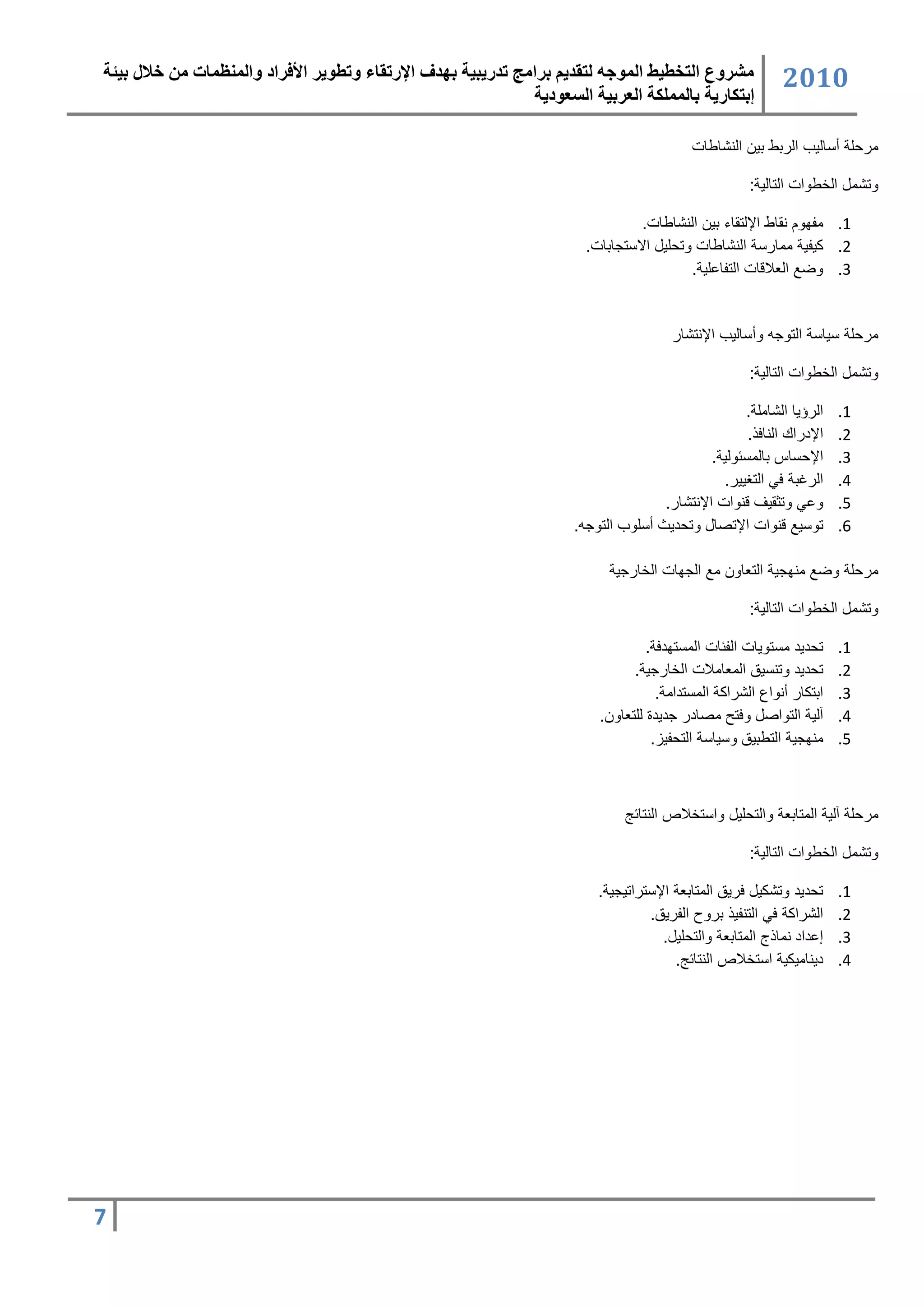 ‫مشروع التخطيط المىجه لتقذيم برامج تذريبية بهذف اإلرتقبء وتطىير األفراد والمنظمبت من خالل بيئة‬              ‫2020‬
                                                              ‫إبتكبرية ببلمملكة العربية السعىدية‬

                                                                                          ‫سرحم دتالٌب الربط بٌ النشاطات‬

                                                                                                     ‫وتشس اللطوات التالٌ :‬

                                                                                ‫1. سفاون نقاط اإللتقاء بٌ النشاطات.‬
                                                                       ‫2. سٌفٌ سسارت النشاطات وتحمٌ االتتجابات.‬
                                                                                        ‫3. وض الرلاقات التفاعمٌ .‬


                                                                                       ‫سرحم تٌات التوج ودتالٌب اإلنتشار‬

                                                                                                     ‫وتشس اللطوات التالٌ :‬

                                                                                                   ‫الرؤٌا الشاسم .‬    ‫1.‬
                                                                                                    ‫اإلدراك الناعذ.‬   ‫2.‬
                                                                                             ‫اإلحتاس بالستئولٌ .‬      ‫3.‬
                                                                                               ‫الرغب عً التغٌٌر.‬      ‫4.‬
                                                                                    ‫وعً وتثقٌف قنوات اإلنتشار.‬        ‫5.‬
                                                                     ‫توتٌ قنوات اإلتصا وتحدٌث دتموب التوج .‬           ‫6.‬

                                                                            ‫سرحم وض سناجٌ التراو س الجاات اللارجٌ‬

                                                                                                     ‫وتشس اللطوات التالٌ :‬

                                                                                  ‫تحدٌد ستتوٌات الفئات الستتادع .‬     ‫1.‬
                                                                               ‫تحدٌد وتنتٌق السراسلات اللارجٌ .‬       ‫2.‬
                                                                                    ‫ابتسار دنواع الشراس الستتداس .‬    ‫3.‬
                                                                         ‫آلٌ التواص وعتح سصادر جدٌدة لمتراو .‬         ‫4.‬
                                                                                   ‫سناجٌ التطبٌق وتٌات التحفٌز.‬       ‫5.‬



                                                                              ‫سرحم آلٌ الستابر والتحمٌ واتتللاص النتائج‬

                                                                                                     ‫وتشس اللطوات التالٌ :‬

                                                                         ‫تحدٌد وتشسٌ عرٌق الستابر اإلتتراتٌجٌ .‬       ‫1.‬
                                                                                  ‫الشراس عً التنفٌذ بروح الفرٌق.‬      ‫2.‬
                                                                                     ‫كعداد نساذج الستابر والتحمٌ .‬    ‫3.‬
                                                                                       ‫دٌناسٌسٌ اتتللاص النتائج.‬      ‫4.‬




‫7‬
 
