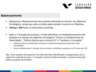 Balanceamento
   •   Realizamos o Balanceamento dos projetos alinhando os mesmos aos Objetivos
       Estratégicos, sendo que cada um deles pode atender a mais de um Objetivo;
   •   Esforço e ROI foram as dimensões escolhidas

   •   Após a 1a iteração do processo, a ProjIt identificou um desbalanceamento dos
       projetos em relação aos objetivos estratégicos “Cultura e Fortalecimento da
       Diversidade”, “Política Externa para o Século 21” e “Combate a Corrupção”
        –   Voltamos à fase de Identificação, através de um Brainstorming direcionando para essas
            necessidades
        –   Como resultado dessa 2a iteração, foram incluídos no Portfólio os projetos com ID maior que 120.


   Obs.: Esses projetos não aparecem nas fotos das fases Identificação e Categorização, pois o
   registro foi realizado durante a 1a iteração. À partir do Slide Avaliação, o material contempla
   todos os projetos do Portfólio
 