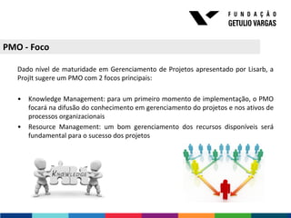 PMO - Foco

   Dado nível de maturidade em Gerenciamento de Projetos apresentado por Lisarb, a
   ProjIt sugere um PMO com 2 focos principais:

   •   Knowledge Management: para um primeiro momento de implementação, o PMO
       focará na difusão do conhecimento em gerenciamento do projetos e nos ativos de
       processos organizacionais
   •   Resource Management: um bom gerenciamento dos recursos disponíveis será
       fundamental para o sucesso dos projetos
 