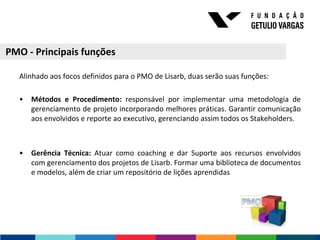 PMO - Principais funções

  Alinhado aos focos definidos para o PMO de Lisarb, duas serão suas funções:

  •   Métodos e Procedimento: responsável por implementar uma metodologia de
      gerenciamento de projeto incorporando melhores práticas. Garantir comunicação
      aos envolvidos e reporte ao executivo, gerenciando assim todos os Stakeholders.



  •   Gerência Técnica: Atuar como coaching e dar Suporte aos recursos envolvidos
      com gerenciamento dos projetos de Lisarb. Formar uma biblioteca de documentos
      e modelos, além de criar um repositório de lições aprendidas
 