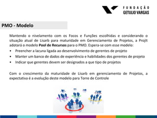 PMO - Modelo
  Mantendo o nivelamento com os Focos e Funções escolhidas e considerando o
  situação atual de Lisarb para maturidade em Gerenciamento de Projetos, a ProjIt
  adotará o modelo Pool de Recursos para o PMO. Espera-se com esse modelo:
  • Preencher a lacuna ligada ao desenvolvimento de gerentes de projeto
  • Manter um banco de dados de experiência e habilidades dos gerentes de projeto
  • Indicar que gerentes devem ser designados a que tipo de projetos

  Com o crescimento da maturidade de Lisarb em gerenciamento de Projetos, a
  expectativa é a evolução deste modelo para Torre de Controle
 