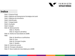 Indice
   Slide 3. Empresa ProjIt
   Slide 4. Objetivos do Planejamento Estratégico de Lisarb
   Slide 5. Objetivos da Consultoria
   Slide 6. Identificação
   Slide 7. Categorização
   Slide 8. Avaliação
   Slide 9. Seleção
   Slide 10. Balanceamento
             Slide 11. Planilha
             Slide 12. Diagrama de Bolhas
   Slide 13. Análise da maturidade de LISARB
   PMO
             Slide 14. Benefícios e Justificativas
             Slide 15. Foco
             Slide 16. Principais Funções
             Slide 17. Modelo
   Slide 15. Fatores de sucesso
   Slide 16. Principais indicadores
   Slide 17. Novo modelo de maturidade para LISARB
 