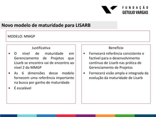 Novo modelo de maturidade para LISARB

  MODELO: MMGP

                  Justificativa                                Benefício
  •   O nível de maturidade em                •   Fornecerá referência consistente e
      Gerenciamento de Projetos que               factível para o desenvolvimento
      Lisarb se encontra vai de encontro ao       contínuo de Lisarb nas prática de
      nível 2 do MMGP                             Gerenciamento de Projetos
  •   As 6 dimensões desse modelo             •   Fornecerá visão ampla e integrada da
      fornecem uma referência importante          evolução da maturidade de Lisarb
      na busca por ganho de maturidade
  •   É escalável
 