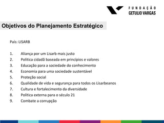 Objetivos do Planejamento Estratégico

  País: LISARB

  1.    Aliança por um Lisarb mais justo
  2.    Política cidadã baseada em princípios e valores
  3.    Educação para a sociedade do conhecimento
  4.    Economia para uma sociedade sustentável
  5.    Proteção social
  6.    Qualidade de vida e segurança para todos os Lisarbeanos
  7.    Cultura e fortalecimento da diversidade
  8.    Política externa para o século 21
  9.    Combate a corrupção
 