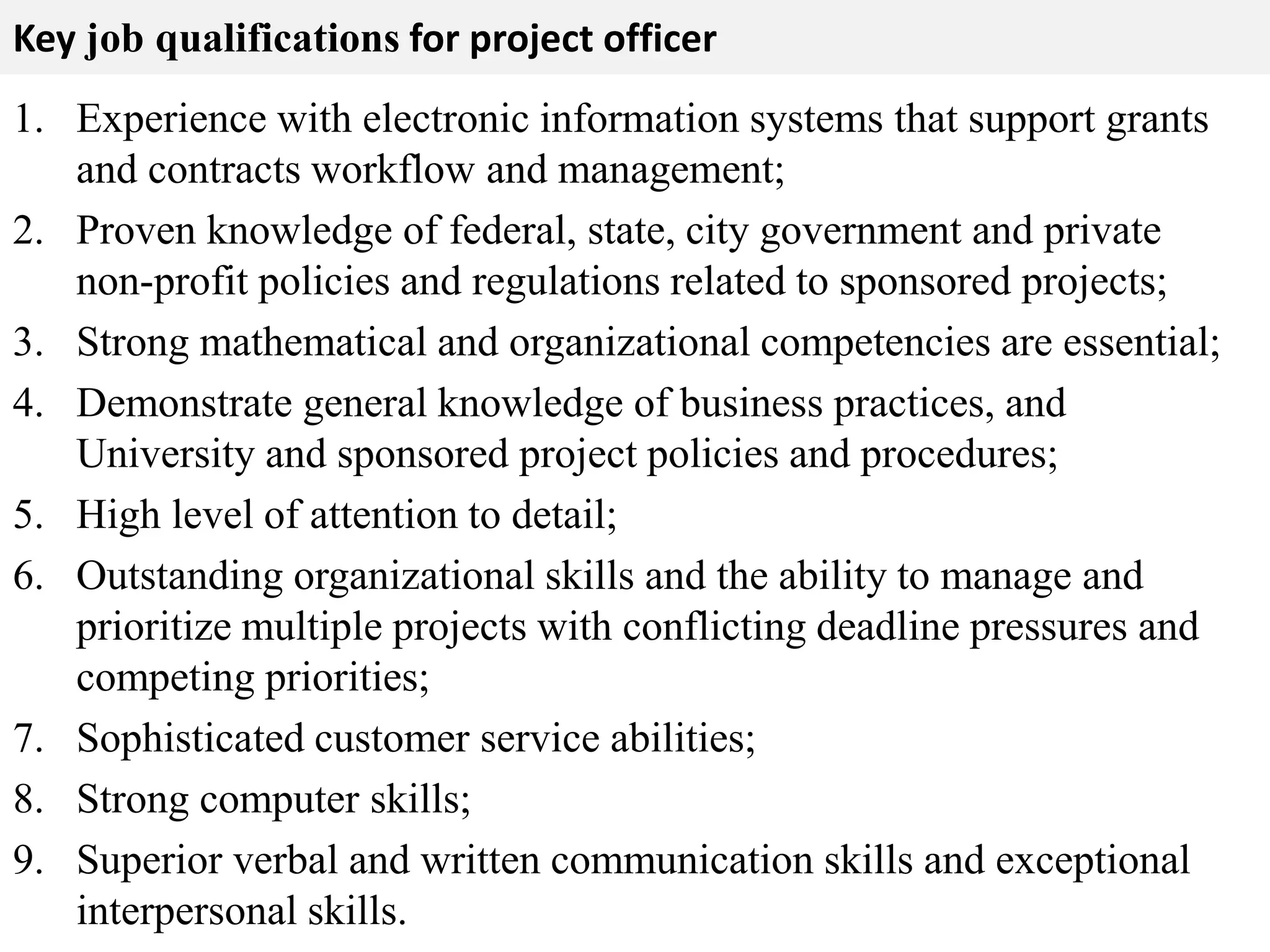 Key job qualifications for project officer 
1. Experience with electronic information systems that support grants 
and contracts workflow and management; 
2. Proven knowledge of federal, state, city government and private 
non-profit policies and regulations related to sponsored projects; 
3. Strong mathematical and organizational competencies are essential; 
4. Demonstrate general knowledge of business practices, and 
University and sponsored project policies and procedures; 
5. High level of attention to detail; 
6. Outstanding organizational skills and the ability to manage and 
prioritize multiple projects with conflicting deadline pressures and 
competing priorities; 
7. Sophisticated customer service abilities; 
8. Strong computer skills; 
9. Superior verbal and written communication skills and exceptional 
interpersonal skills. 
 