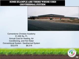 Cornerstone Christian Academy
51,000 Sq. Ft.
Annual Cost for Heating, Air
Conditioning, and Hot Water
Conventional System Geothermal System
$32,618 $8,519
30
 