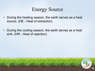Energy Source
• During the heating season, the earth serves as a heat
source. (HE - Heat of extraction)
• During the cooling season, the earth serves as a heat
sink. (HR - Heat of rejection)
8
 