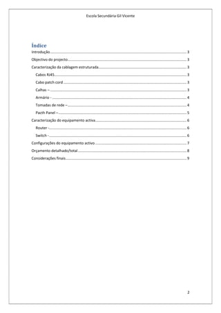 Escola Secundária Gil Vicente




Índice
Introdução ..................................................................................................................................... 3
Objectivo do projecto.................................................................................................................... 3
Caracterização da cablagem estruturada...................................................................................... 3
   Cabos RJ45................................................................................................................................. 3
   Cabo patch cord ........................................................................................................................ 3
   Calhas – ..................................................................................................................................... 3
   Armário - ................................................................................................................................... 4
   Tomadas de rede – .................................................................................................................... 4
   Pacth Panel – ............................................................................................................................. 5
Caracterização do equipamento activa......................................................................................... 6
   Router -...................................................................................................................................... 6
   Switch - ...................................................................................................................................... 6
Configurações do equipamento activo ......................................................................................... 7
Orçamento detalhado/total .......................................................................................................... 8
Considerações finais ...................................................................................................................... 9




                                                                                                                                                  2
 