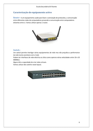 Escola Secundária Gil Vicente


Caracterização do equipamento activo

Router -é um equipamento usado para fazer a comutação de protocolos, a comunicação
entre diferentes redes de computadores provendo a comunicação entre computadores
distantes entre si. Vamos utilizar apenas 1 router.




Switch -
Um switch permite interligar vários equipamentos de rede mas não prejudica a performance
da rede (como acontecia com o hub).
Podem ter interfaces de rede eléctrica ou ótica como operara várias velocidades entre 10 e 10
000Mb/s.
Alguns têm a capacidade de criar redes virtuais.
Vamos utilizar dois switchs neste layout.




                                                                                           6
 