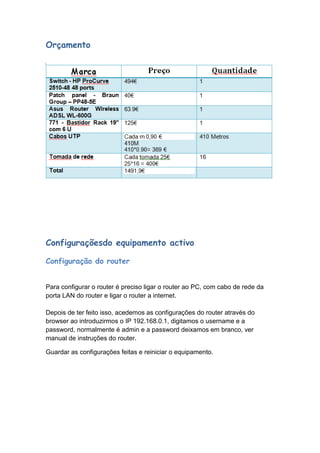 Orçamento




Configuraçõesdo equipamento activo

Configuração do router


Para configurar o router é preciso ligar o router ao PC, com cabo de rede da
porta LAN do router e ligar o router a internet.

Depois de ter feito isso, acedemos as configurações do router através do
browser ao introduzirmos o IP 192.168.0.1, digitamos o username e a
password, normalmente é admin e a password deixamos em branco, ver
manual de instruções do router.

Guardar as configurações feitas e reiniciar o equipamento.
 
