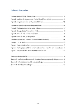 Índice de Ilustrações


Figura 1 – Augusto César Pires de Lima.......................................................................... 14
Figura 2 - Logótipo do Agrupamento Vertical Dr.A.C.Pires de Lima .............................. 43
Figura 3 - Imagem de marca do Blogue da Biblioteca....................................................43

Figura 4 - Actividades de Matemática na Biblioteca ...................................................... 44
Figura 5 - Apoio a campanhas de solidariedade............................................................. 45
Figura 6 - Divulgação da Feira do Livro 2010.................................................................. 45
Figura 7 - Filme do mês de Dezembro 2010 .................................................................. 46
Figura 8 - Filme do mês de Março 2011 ......................................................................... 46
Figura 9 - Escritora Ana Saldanha na Biblioteca a 21 de Março ..................................... 46
Figura10 - 23 de Abril..................................................................................................... 47
Figura11 - Sugestões de Leitura ..................................................................................... 47
Figura12 - Participação da BE nas correntes de escrita e encontro com os escritores: 47
Figura13 - Nº de visitantes até ao dia 10 de Maio de 2011 ........................................... 51


Quadro 1 – Análise SWOT .............................................................................................. 34
Quadro 2 - Implementação e controlo dos objectivos estratégicos do Blogue ............. 50
Quadro 3 - Informação semanal de acesso ao Blogue ................................................... 52
Quadro 4 - Opinião sobre o Blogue ................................................................................ 52




                                                             11
 