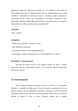 público-alvo poderemos desenvolver atividades que vão cobrindo as necessidades de
todos embora, possa não ser simultaneamente pode ser constantemente. Assim sendo,
dividimos os utilizadores do serviço por actuais e potenciais, sendo os primeiros a
Comunidade Escolar, alunos, pais, encarregados de educação, Associação de pais,
funcionários, Biblioteca Pública Municipal do Porto, Comunidade local e os segundos a
Rede da BE, outras BE, resumindo toda a comunidade Web.


Geográfico

-Porto – Bonfim



Demográfico

- Idades Alunos e famílias – maiores de 3 anos

- Sexo: Masculino e Feminino;

- Nível Socioeconómico: Classe média/média baixa;

- Escolaridade: A média das famílias possui a escolaridade básica e os alunos …



Psicográficos e comportamentais

       Será feito um estudo com base num inquérito lançado aos alunos e famílias
sobre estilos de vida, comportamentos, gostos…. Ex. de questão - Quanto tempo dedica
à leitura por semana?




12. Posicionamento


       Com a criação do Blogue pretendemos envolver a Escola com a Comunidade
Educativa e conquistar as famílias para a Escola, tornando-as participantes ativos no
processo educativo dos seus educandos. Pretendemos ainda que a visão da Escola seja
modificada e que esta seja vista como um local de partilha, onde o sucesso de cada ator
depende da atuação de todos os outros. Desejamos também que as famílias




                                          36
 