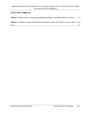 Determinação de Rendimentos Médios Anuais, Tamanho Médio do Fruto e Características da Produção
de Vangueria infausta (Map...