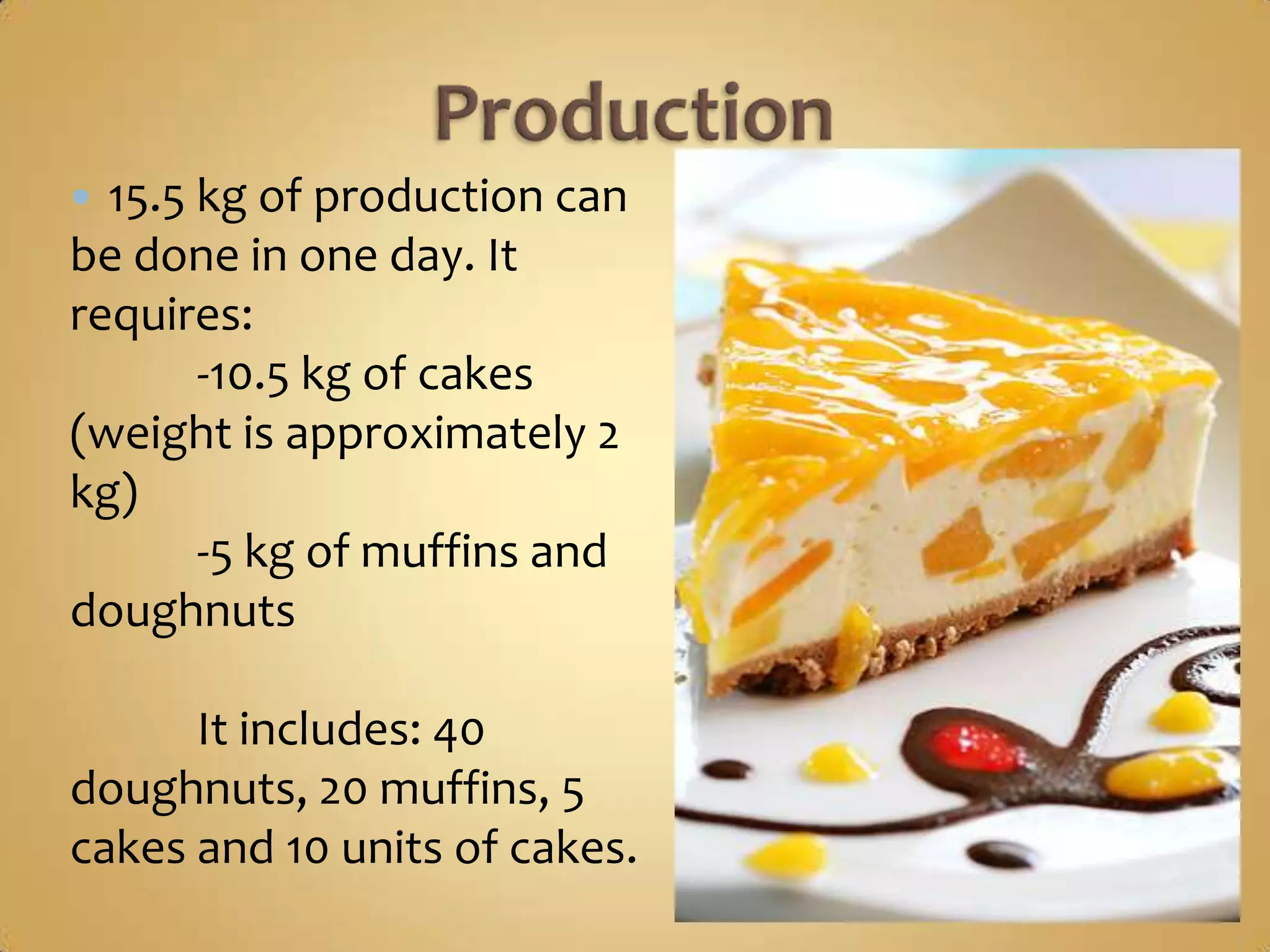  15.5 kg of production can
be done in one day. It
requires:
       -10.5 kg of cakes
(weight is approximately 2
kg)
       -5 kg of muffins and
doughnuts

      It includes: 40
doughnuts, 20 muffins, 5
cakes and 10 units of cakes.
 