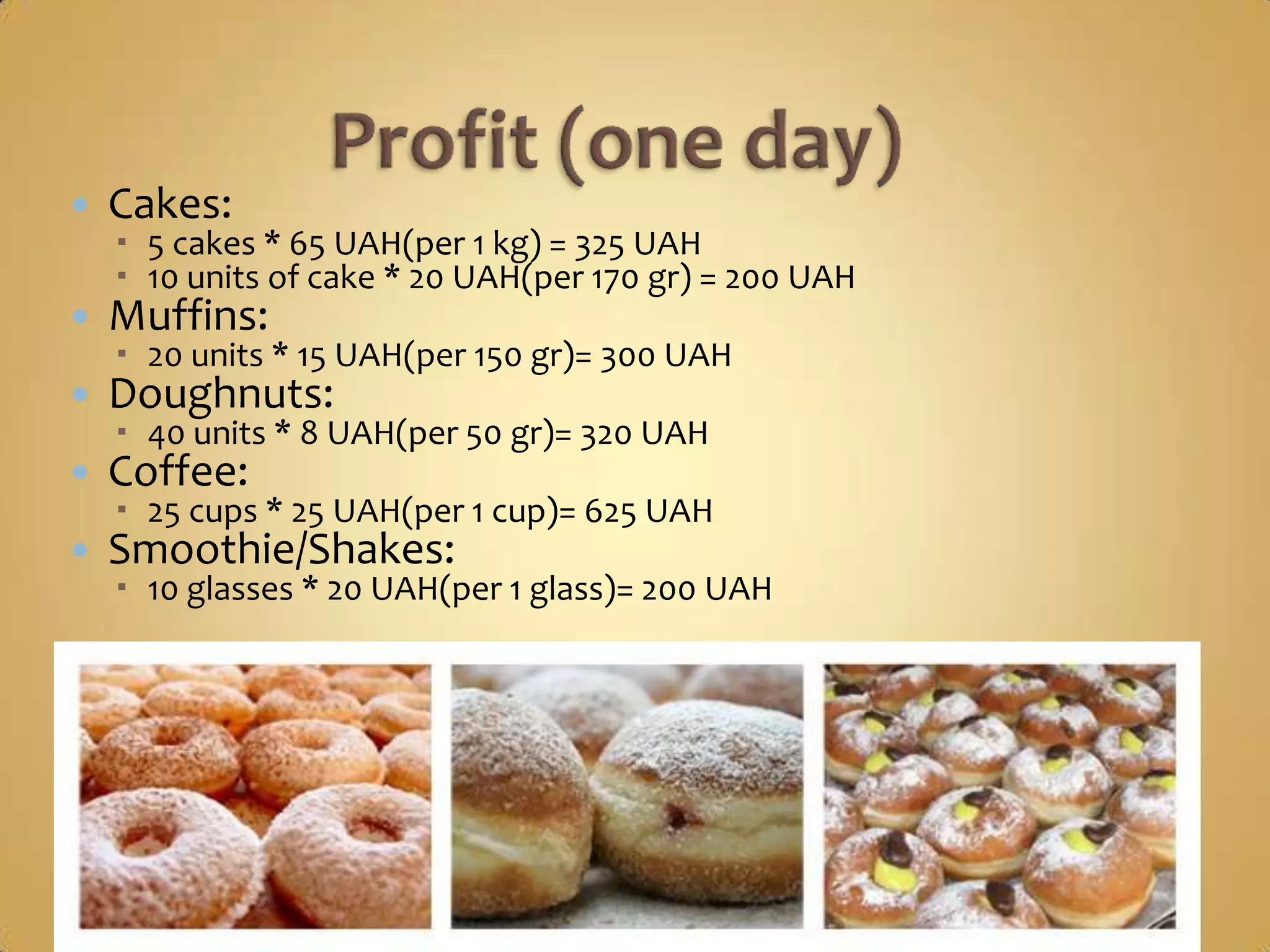   Cakes:
     5 cakes * 65 UAH(per 1 kg) = 325 UAH
     10 units of cake * 20 UAH(per 170 gr) = 200 UAH
   Muffins:
     20 units * 15 UAH(per 150 gr)= 300 UAH
   Doughnuts:
     40 units * 8 UAH(per 50 gr)= 320 UAH
   Coffee:
     25 cups * 25 UAH(per 1 cup)= 625 UAH
   Smoothie/Shakes:
     10 glasses * 20 UAH(per 1 glass)= 200 UAH
 