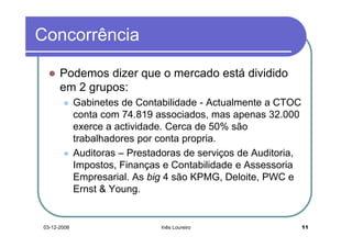 Concorrência

      Podemos dizer que o mercado está dividido
      em 2 grupos:
             Gabinetes de Contabilidade - Actualmente a CTOC
             conta com 74.819 associados, mas apenas 32.000
             exerce a actividade. Cerca de 50% são
             trabalhadores por conta propria.
             Auditoras – Prestadoras de serviços de Auditoria,
             Impostos, Finanças e Contabilidade e Assessoria
             Empresarial. As big 4 são KPMG, Deloite, PWC e
             Ernst & Young.


03-12-2008                     Inês Loureiro                     11
 