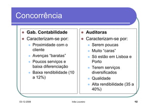 Concorrência
      Gab. Contabilidade                          Auditoras
      Caracterizam-se por:                        Caracterizam-se por:
             Proximidade com o                      Serem poucas
             cliente                                Muito “caras”
             Avenças “baratas”                      Só estão em Lisboa e
             Poucos serviços e                      Porto
             baixa diferenciação                    Terem serviços
             Baixa rendibilidade (10                diversificados
             a 12%)                                 Qualidade
                                                    Alta rendibilidade (35 a
                                                    40%)

03-12-2008                        Inês Loureiro                                12
 