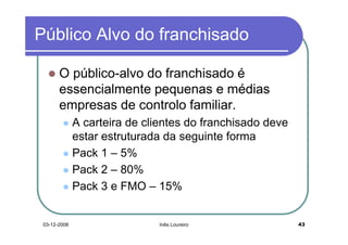 Público Alvo do franchisado

       O público-alvo do franchisado é
       essencialmente pequenas e médias
       empresas de controlo familiar.
              A carteira de clientes do franchisado deve
              estar estruturada da seguinte forma
              Pack 1 – 5%
              Pack 2 – 80%
              Pack 3 e FMO – 15%


 03-12-2008                   Inês Loureiro                43
 