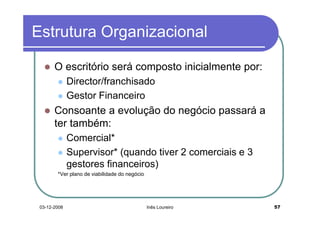 Estrutura Organizacional

       O escritório será composto inicialmente por:
              Director/franchisado
              Gestor Financeiro
       Consoante a evolução do negócio passará a
       ter também:
              Comercial*
              Supervisor* (quando tiver 2 comerciais e 3
              gestores financeiros)
        *Ver plano de viabilidade do negócio




 03-12-2008                                    Inês Loureiro   57
 