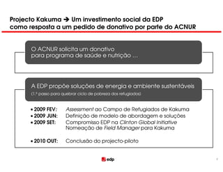 Projecto Kakuma   Um investimento social da EDP
como resposta a um pedido de donativo por parte do ACNUR


      O ACNUR solicita um donativo
      para programa de saúde e nutrição …




      A EDP propõe soluções de energia e ambiente sustentáveis
      (1.º passo para quebrar ciclo de pobreza dos refugiados)



      • 2009 FEV:      Assessment ao Campo de Refugiados de Kakuma
      • 2009 JUN:      Definição de modelo de abordagem e soluções
      • 2009 SET:      Compromisso EDP na Clinton Global Initiative
                       Nomeação de Field Manager para Kakuma

      • 2010 OUT:      Conclusão do projecto-piloto


                                                                      2
 